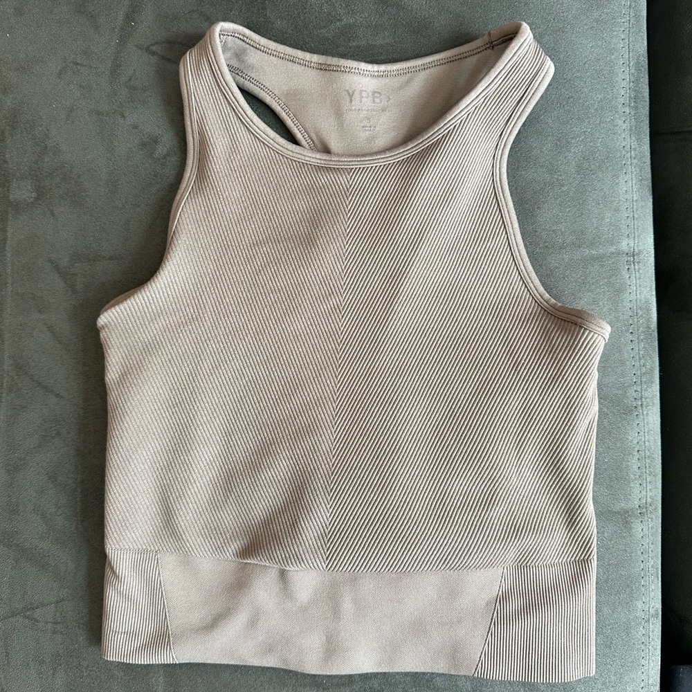 YPB High Neck Ribbed Crop Top in Taupe